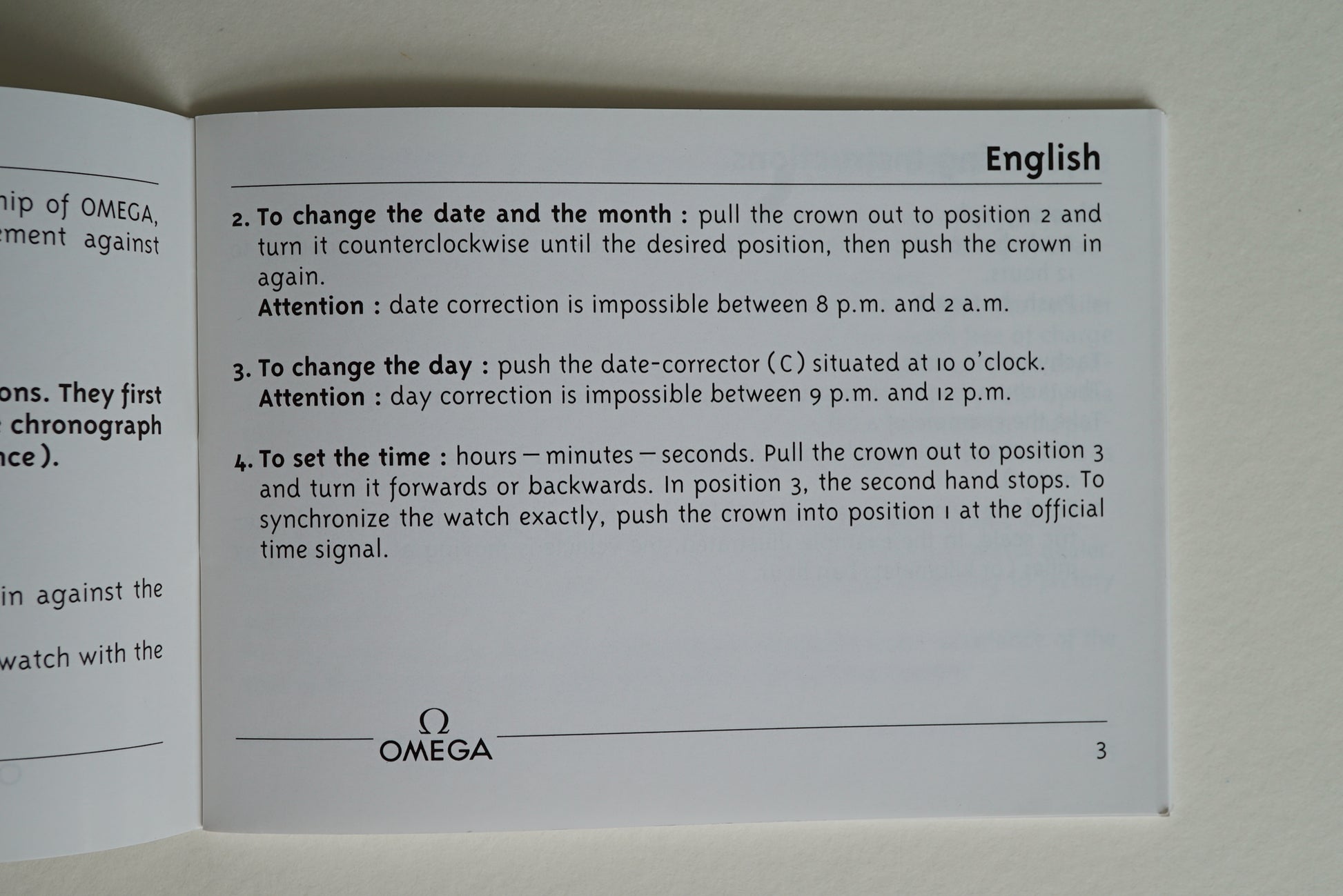Omega cal 1151 Operating Instructions Booklet from 1999 - Speedmaster triple date