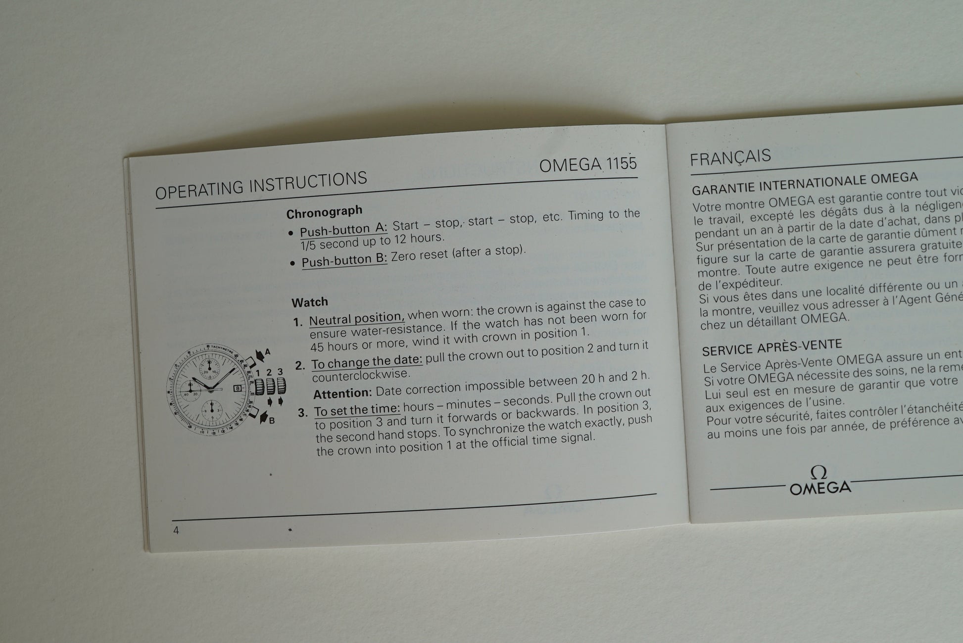 Omega cal 1155 Operating Instructions Booklet from 1992 - Speedmaster Reduced