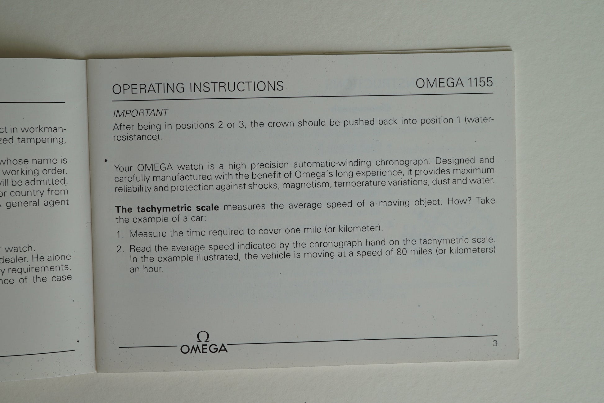 Omega cal 1155 Operating Instructions Booklet from 1992 - Speedmaster Reduced